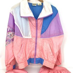 Vintage 1980's Track Suit Women's L Pink Pastel Color Block Nylon Granny Hip Hop